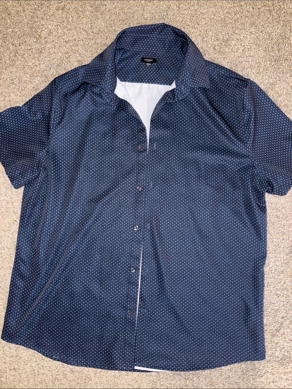Express Men’s Navy Button-Up Short Sleeve Shirt with Microdot Pattern